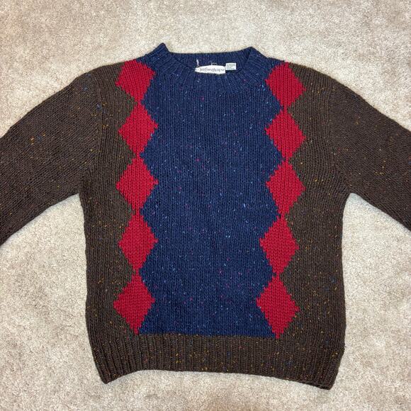 Vintage Yves Saint Laurent YSL Menswear Wool Hand Knit Argyle Sweater Large - Picture 2 of 8